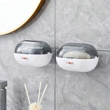 1pc Flip-Top Soap Dish, Water-Proof & Hole-Free Wall-Mounted Design, Special Drainage Storage Box For Bathroom, Suitable For Bathroom Storage, Toilet Organization, Soap Moisture-Proof Storage
