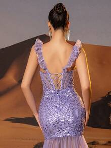 Świecące suknie balowe o kroju syreny długie seksowne formalne suknie wieczorowe dla kobiet ręcznie frezowanie luksusowa suknia balowa z odkrytymi ramionami z tiulowym trenem - Fioletowy - Zobacz 6