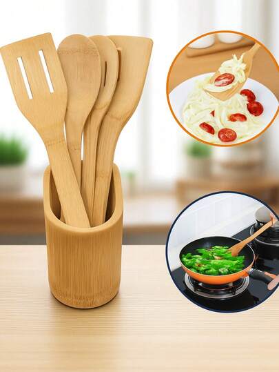 Kit 5 Peças Utensílios Em Bambu Conjunto Colher De Pau para Cozinha (4 Talheres com Suporte)