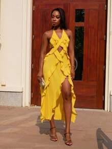 Yess Loren Spaghetti Strap Backless Sleeveless Dress With Ruffle Hem,Pastel Dresses For Women,Sundress - Yellow - View 3