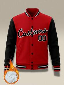 Customized Baseball Jacket, Unisex, Casual Baseball Jacket, Printed Letters & Numbers, Suitable For Winter Wear, Can Be Customized For Halloween And Christmas, Great Gift For Men Spring - Red - View 2
