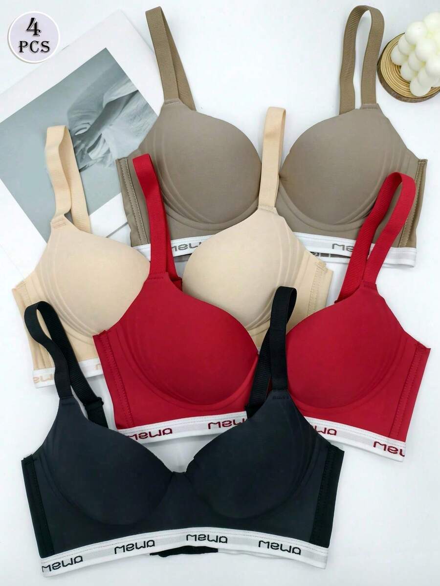 4-Pack Women's Underwear Bra Solid Color Thin Style Big Chest Small No Steel Ring Seamless Underwear Women's Letter Breathable Lifting And Gathering Side Breast Anti-Sagging Adjustment Bra Women - 彩色 - 查看 1