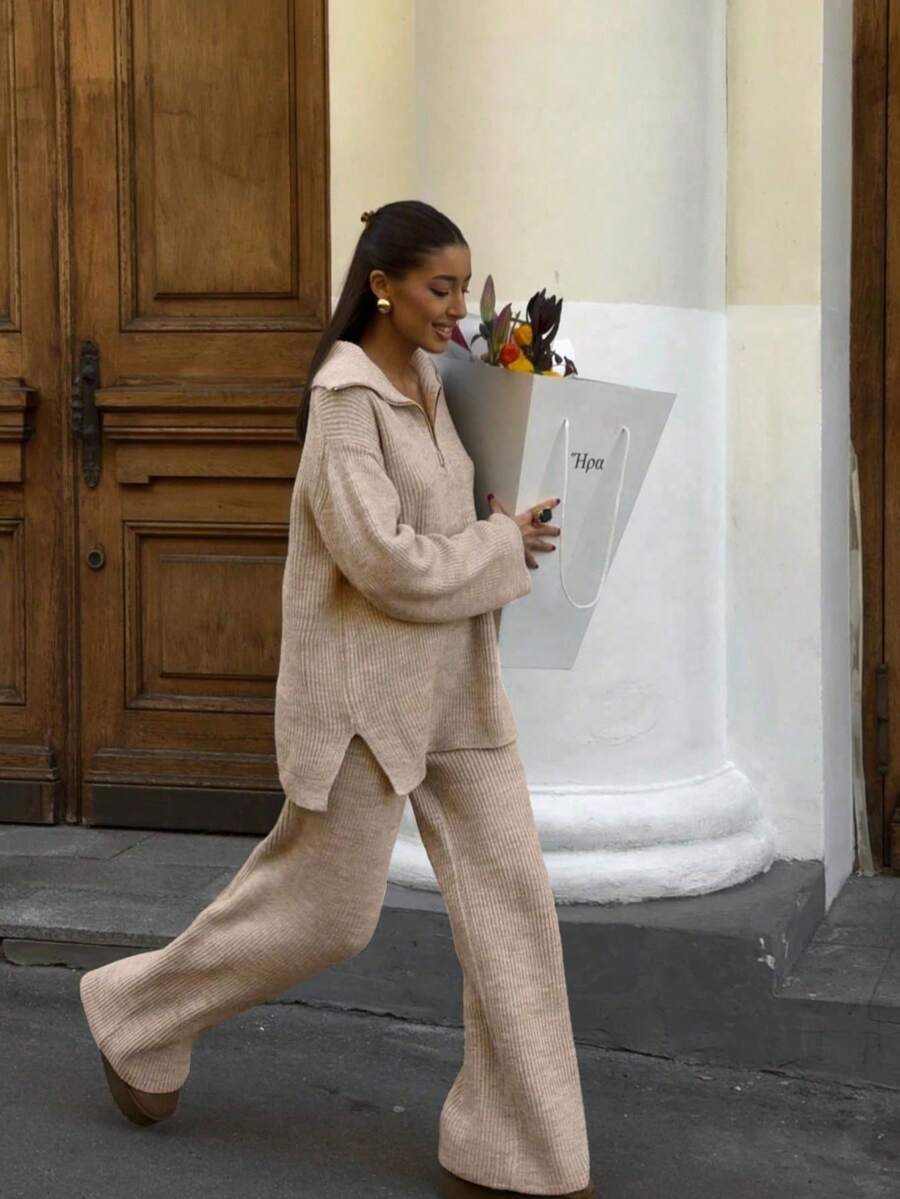 Conjunto informal de punto VIBEWAVE para Año Nuevo, suéter de manga larga con cuello vuelto y media cremallera, y pantalones de pierna ancha de cintura alta, 2 piezas