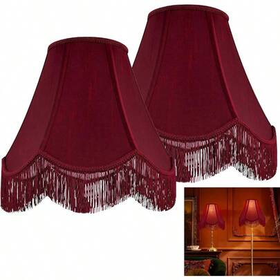 Set Of 2 Burgundy Silk Scalloped Lamp Shade Petal Edge Braid With Burgundy Fringe Trim 6x13x10.6 Spider Victorian Bell Lamp Shades Replacement Shades For Table Floor Lamps Easy Assembly