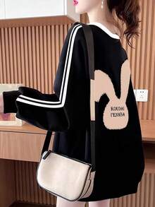 Women's Simple Cotton Black & White Striped Cartoon Rabbit Print Loose Comfortable Casual Vacation Home Daily Fashion Student Teenager Versatile Long Sleeve Sweatshirt