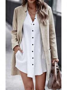 Women's Long Sleeve Stand Collar Mid-Long Open Front Cardigan Overcoat With Zipper Pockets, Fashionable Outerwear BLSO - Khaki - View 4