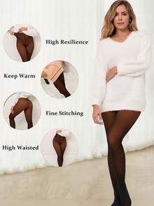 Woman Thermal Tights Sexy Translucent Fleece Leggings Pantyhose Slim Winter Warm Thick Velvet Stockings Female Streetwear Pants - 黑透焦糖色 - 查看 4