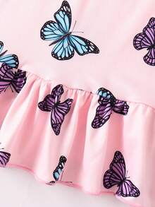 New Girls' Sleepwear, Dreamy Pink & Blue Butterfly Print Girls' Nightgown, Sweet Round Neck Ruffle Hem Casual Comfortable Girls' Dress