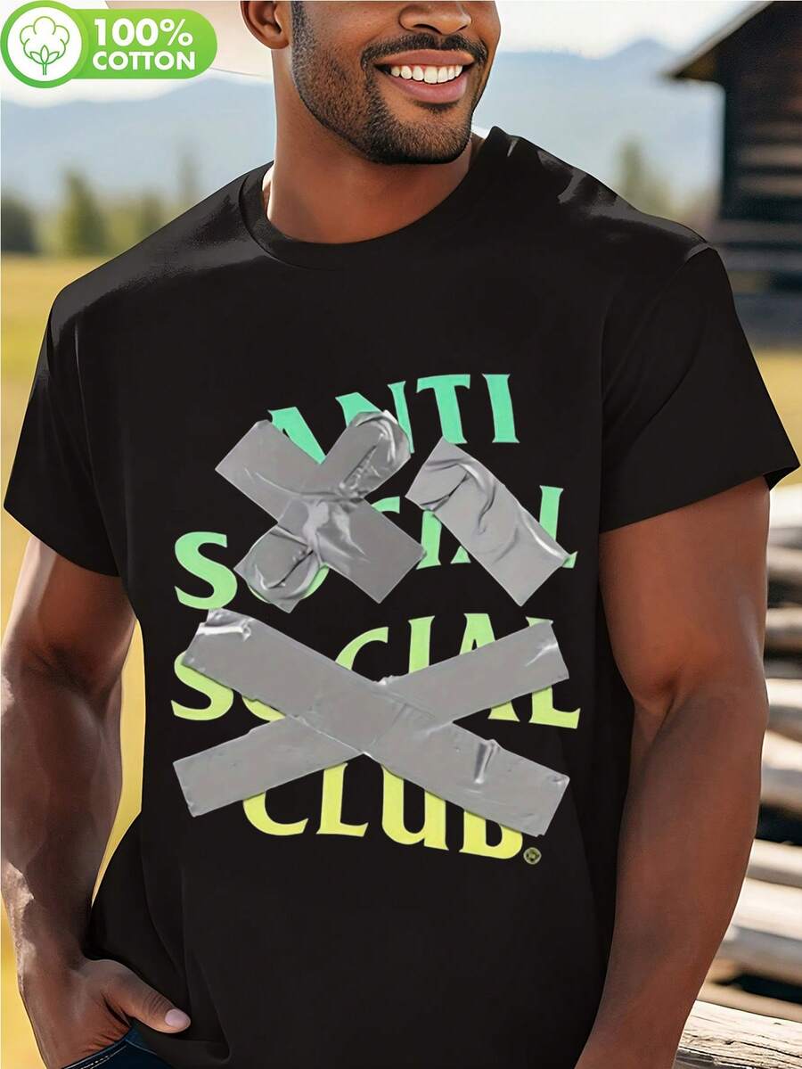 Anti Social Club T-Shirt Black Silvery Tape Logo Graphic Tee For Men Casual Streetwear 90s Throwback T Shirt Men Novelty T-Shirt Men T Shirt From Son To Dad Workout Shirt Men T Shirt Men - 黑4 - 查看 1