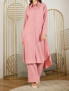 女式简约宽松直筒裤纽扣上衣，朴素休闲波西米亚风纯色两件套，开学万圣节秋冬 - 粉色 - 查看 1