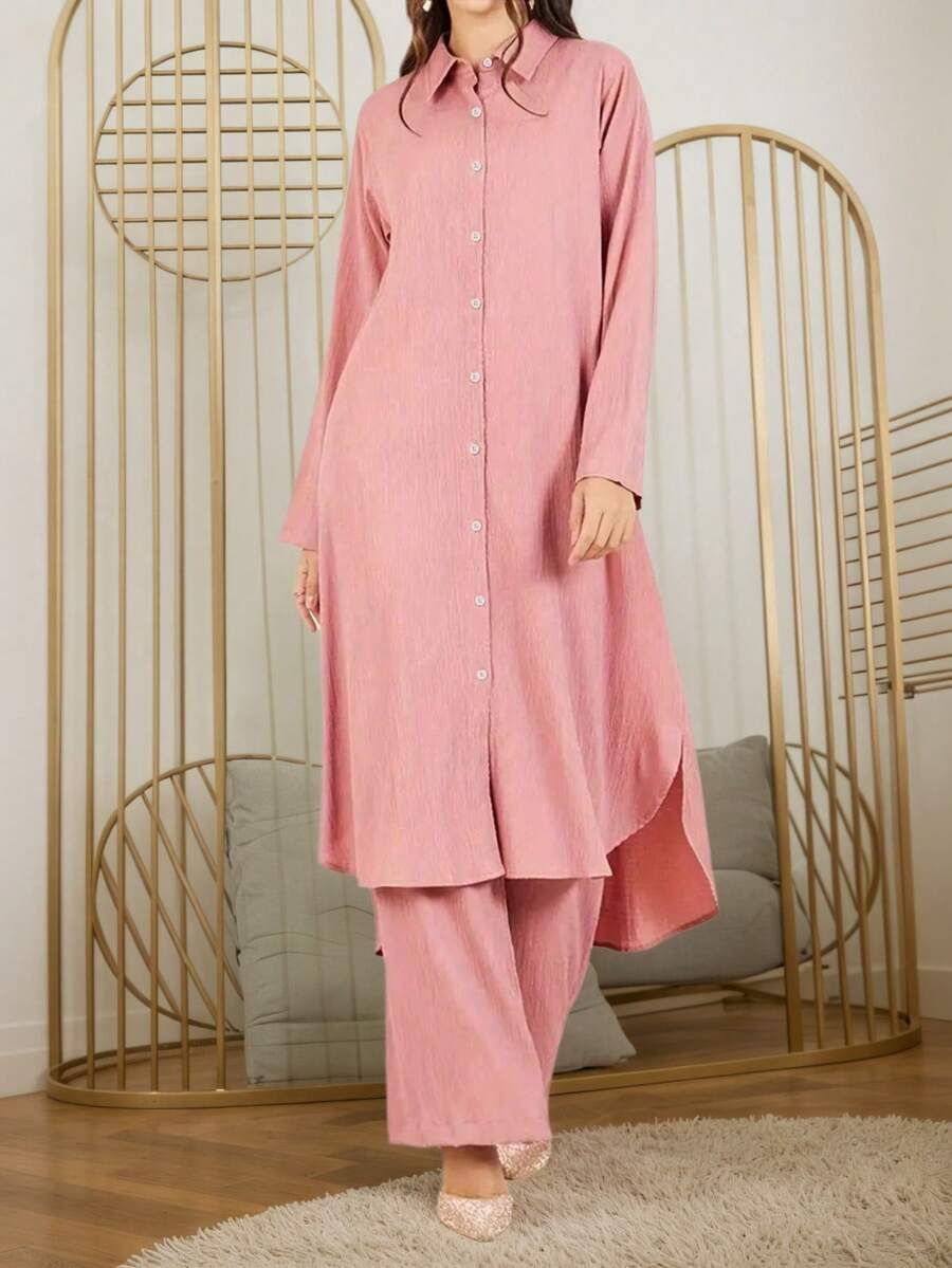 女式简约宽松直筒裤纽扣上衣，朴素休闲波西米亚风纯色两件套，开学万圣节秋冬 - 粉色 - 查看 1