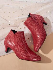Red Pointed Toe Elegant Kitten Heel Ankle Boots For Women, Fashion Versatile Side Zipper Short Booties Suitable For Holidays - Red Gold - View 5