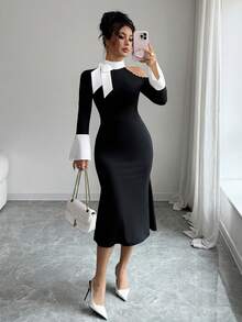 Women's Off-Shoulder Tie-Up Long Sleeve Slim Elegant Dress