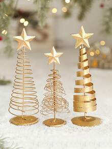 1 pieza Juego de árbol de Navidad metálico mini, esculturas de sobremesa con forma de estrella de 7 pulgadas, decoración festiva navideña para sala de estar, dormitorio, chimenea, para regalos de Navidad, Acción de Gracias, Año Nuevo - Multicolor - Ver 1