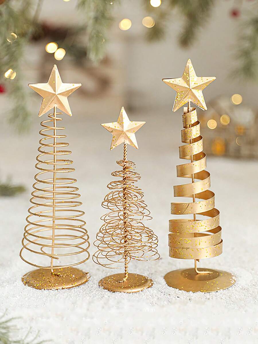 1 pieza Juego de árbol de Navidad metálico mini, esculturas de sobremesa con forma de estrella de 7 pulgadas, decoración festiva navideña para sala de estar, dormitorio, chimenea, para regalos de Navidad, Acción de Gracias, Año Nuevo - Multicolor - Ver 1