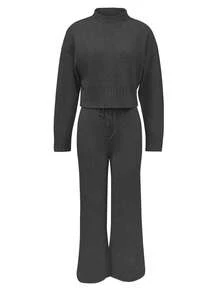 两件套女士休闲外出约会套装，纯色罗纹短裤、针织长袖毛衣和抽绳针织裤，街头风，女士两件套，女士休闲装，女士优雅上衣，女士派对装，Y2K时尚，女士演唱会装，女士春季服装，女士度假装，女士假日装，女士夏季服装 - 灰色 - 查看 4