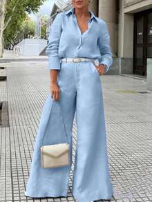 2pcs/Set Women Elegant Style Solid Light Purple Long Sleeve Shirt + Wide Leg Pants With Belt, Suitable For Outings, Gatherings, Holidays, Commuting, Office, Casual Wear - Blue - View 7