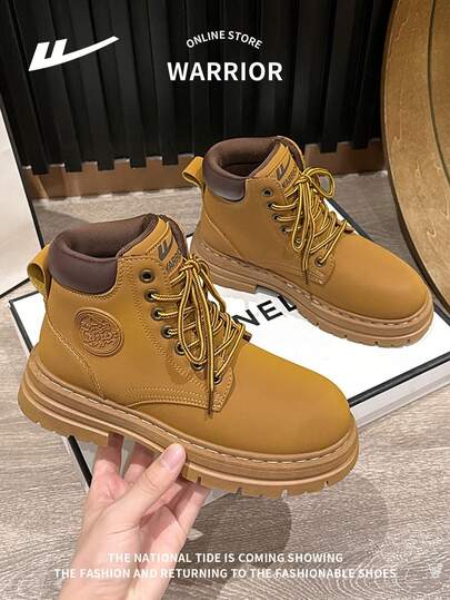WARRIOR 1 Pair Unisex Outdoor Lace-Up Boots, Fashion Comfortable Leather Waterproof Durable Non-Slip High-Top Travel Hiking Work Boots, Couple Shoes