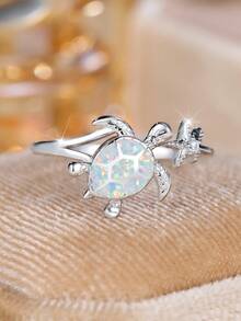 純銀 S925 藍色澳洲蛋白石海龜海星開口戒指女式,適合節日和派對佩戴