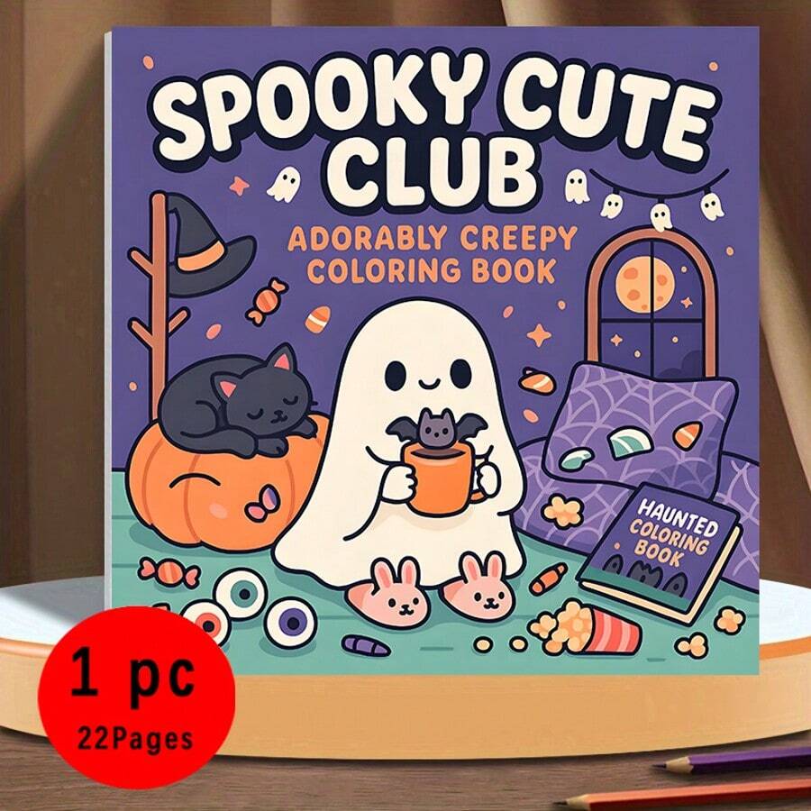 Club de lo espeluznante y lindo | 22 páginas para colorear de Halloween estilo Kawaii, fantasmas, calabazas, murciélagos acogedores y bruja chibi, diversión para niños y - Una pieza - Ver 1
