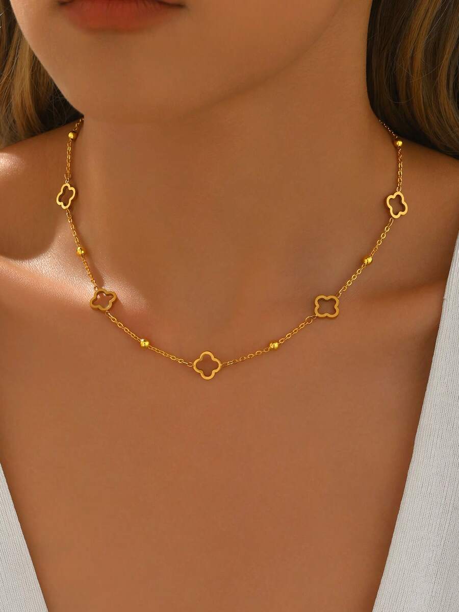 1件时尚不锈钢幸运四叶草吊坠项链，串珠装饰项链，适合女性日常佩戴，性感锁骨链配饰 - 珠鏈四葉草項鍊 - 查看 1