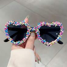 1 Pair Of Women's Frameless Heart-Shaped Glasses With Multi-Color Lenses, Fashionable Color Strips, Decorative Accessories, Cute Pink Glasses - 粉色 - 查看 6