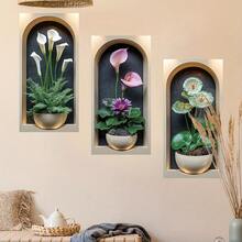 3/4pcs Set Nordic Style Lotus Flower Plant Wall Stickers, Vinyl Decals For Living Room, Bedroom, Dorm, Office Background Wall Decor - Multicolor - View 11