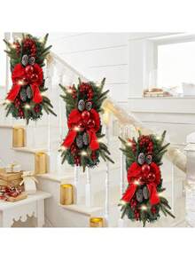Christmas Wreath Hanging Led Stairs Red Gold Rattan Bow Wreath Pine Cone Decoration Door Hanging Christmas Thanksgiving Party Decor Outdoor Decor XMAS HOHOHO Christmas Partylights Lamp Night Light Led Light Home Decor Christmas Decorations Room Decor Winter