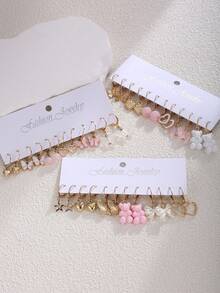 36-12 件卡通女孩耳环套装，粉色小熊，透明蝴蝶，空心心形，可爱风格，适合日常、度假、少女礼物 - 彩色 - 查看 3