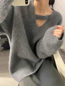 Elegant Gray V-Neck Knit Sweater, Unique Design Casual Loose Fit Pullover Top For Women - Grey - View 1