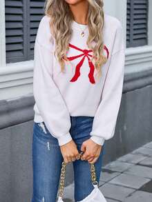 Mommy And Me Matching Outfits Bow Pattern Long Sleeve Round Neck Knitwear Fall Winter Sweaters - White - View 3