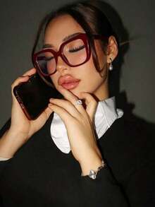 FM  1pc Ladies Burgundy Square PC Frame Vintage Plain Non-Prescription Glasses Suitable For Daily Wear Clear Glasses Accessories, School Glasses Accessories For Women - Báo đen - Xem 4