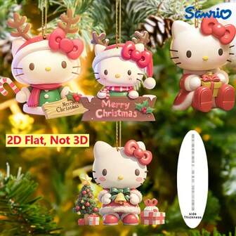Sanrio 4pcs/Set 2D Flat Hello Kitty Christmas Themed Acrylic Hanging Decor - Cartoon Character Flat Printed Design, Suitable For Car Interior, Backpack Decoration, Keychain Accessories, Christmas Party Decor, Tree Decoration | Cute Accessory | Holiday Decoration