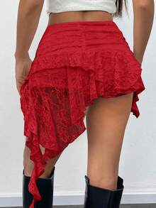 Women's Y2K Lace Mini Skirt Low Rise Pleated Ruffle Layered Flowy Short Skirts, Kpop Outfit, New Year& Valentine's Day Gifts, Red Skirt - 紅色 - 查看 4