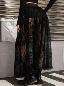 Lace Mesh Layered Skirt With Underskirt - Black - View 2