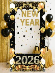 1件2026黑色金色新年快乐相框道具，120*60厘米乙烯基材质，带气球，香槟图案，新年快乐相框横幅，新年背景幕布，背景布，背景装饰，背景幕布，活动摄影配件，新年礼物，新年庆祝用品，新年装饰品 - 彩色 - 查看 11