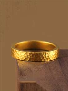 1pc Vintage 18K Gold Plated Stainless Steel Hammered Texture Ring, Suitable For Women's Daily And Wedding Wear, Gift