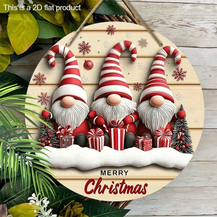 2D Flat, 19.99cm Artificial Regenerated Wood Christmas Elf Wall Decor - 3 Christmas Gnomes, Poinsettia & Snowflake Pattern, Merry Christmas Text, Classic Holiday Home Decor, Indoor/Outdoor, Rustic Christmas Decoration, Handmade Craft, 2D Flat Christmas Decorations Room Decor