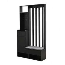 Flurgarderobe mit gepolsterter Aufbewahrungsbank, multifunktionaler Flur-Schuhschrank mit Stecktafel, moderne Garderobe mit 4 Haken für Eingangsbereich, Waschküche, Schwarz,H180/B100/T35 cm