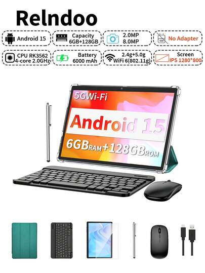 Relndoo Android Tablet With Keyboard And Mouse, Android 15 Tablets, 2 In 1 Tablet, 10 Inch Tablet With Laptop Case, Stylus, Data Cable, RK3562 Quad-Core 2.0 GHz, (6GB+20GB)RAM+128GB ROM, 2MP+8MP Dual Camera, 1280*800px HD Touchscreen, 6000mAh Battery, Supports 1TB SD Expansion, 802.11n Wifi 2.4G/5G Wireless, GPS, Certified Tablet PC (No Adapter) -Green