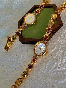 1pc New Luxury Colorful Beryl Gemstone & Crystal Embellished Vintage Elegant Fashion Women's Watch, Oval Pearl Dial, 30M Water Resistant, Suitable For Daily Wear, Parties, Vacations And Outings - 金色 - 查看 2