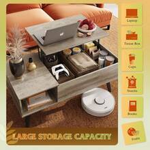 Coffee Table For Living Room, Lift Top Coffee Table With Storage, Small Rising Wooden Dining Center Table With Storage Shelf & Hidden Compartment - Greece - View 4