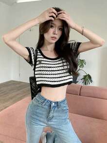 Áo len dệt kim cổ tròn kẻ sọc vintage Niche dành cho nữ - Đen và trắng - Xem 3