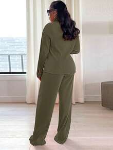 2pcs Women's Fashionable Pleated Shirt And Comfortable Wide-Leg Pants Set, Casual, Ladies Spring/Fall Casual Pocket, Zipper Long Sleeve Loose Blouse Pants Women Two-Piece Outfits, Casual Daily Wear - Olive Green - View 7