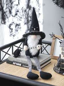 4.3x4x26.8" Fabric Sitting Black Gnome With Broomstick&Long Legs, For Halloween Decor