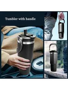 1pc 20/30oz Stainless Steel Glass Tumbler With Lid And Handle - Double Wall Insulated, Keeps Hot/Cold Coffee Cup, Leak-Proof, With Vacuum Insulation And Large Outdoor Capacity