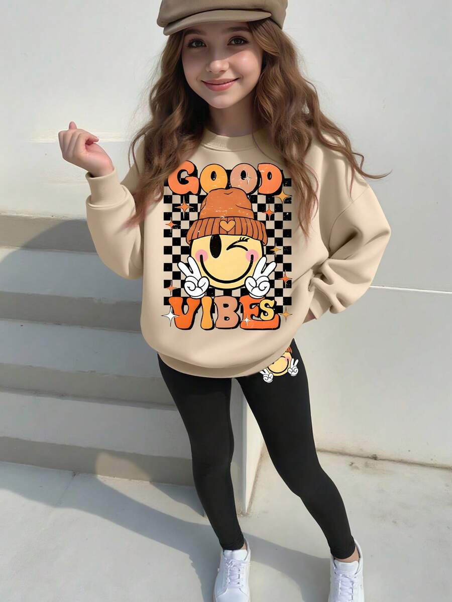 2pcs Set Girls Fun Print Sweatshirt & Leggings Set, Soft Skin - Friendly, Daily School Spring & Autumn Wear