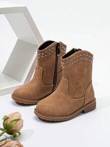 秋冬镂空蝴蝶结西部靴，新款耐磨保暖舒适平底西式百搭宝宝靴 - 薑色 - 查看 5