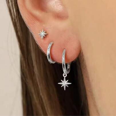 Kit 3 pares de brincos de gota de estrela da moda brincos de argola conjunto de brincos de pino de estrela