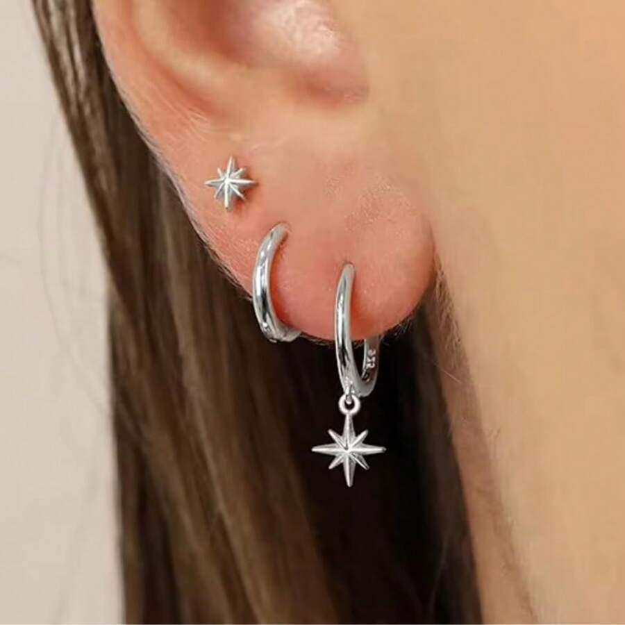 Kit 3 Pairs Fashion Star Drop Earrings Hoop Earrings Star Stud Earrings Set - Bạc - Xem 1